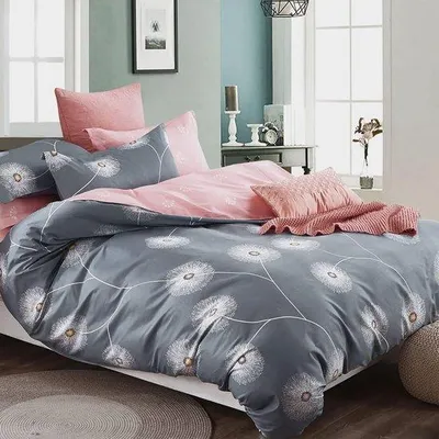 Image de Couverture de lit Famanu, 155 x 220 cm – Coton – Gris et rose – Motifs floraux réversibles – Fermeture à fermeture éclair – Inclut une taie d'oreiller 80 x 80 cm