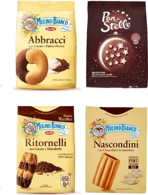 Produktbild von Mulino Bianco Kekse testpaket Abbracci Pan di stelle, Nascondini, Ritornelli 3 x 700g 1x 600g + Italian Gourmet polpa 400g