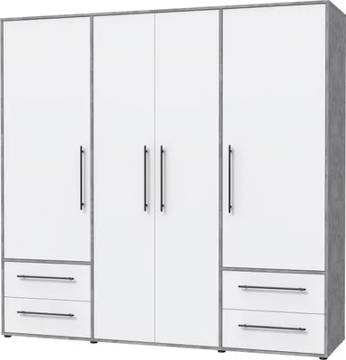 Produktbild von Kleiderschrank Drehtürenschrank weiß - Betonoptik 206 cm 4 Türen - MOKKARIS - Die Möbelfundgrube