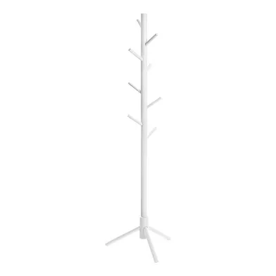 A white coat rack with a tree-like design, standing on a white background.