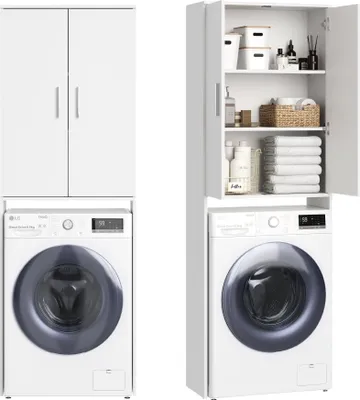 A white laundry cabinet with two doors is shown above a white washing machine. The cabinet is open on the right side, revealing shelves with various items like towels, bottles, and baskets.