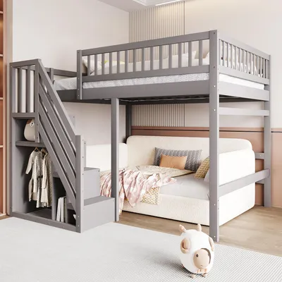 Obrázok produktu pre Sweiko posteľ z masívu 140x200, schody s úložnou skriňou, vysoké zábradlie, detská posteľ, posteľ pre mladých, rám postele z masívu, sivá