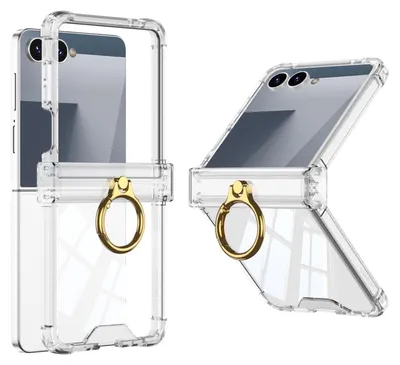 A transparent phone case with a gold ring holder, shown from two angles.