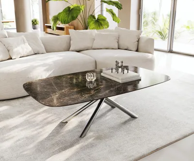 Produktbild von DELIFE Couchtisch Edge Boot 140x80 cm Keramik Emperador Extra Lucidato Dunkelbraun Sarity Edelstahl gebürstet