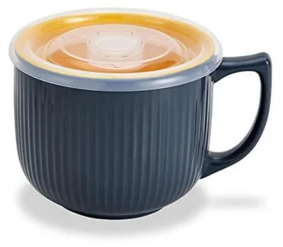 Produktbild von Keramik Suppenschüssel mit Henkel 900ml Grau Luftdichter Deckel Mikrowellenfest Spülmaschinenfest