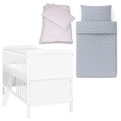 Produktbild von Baby-Delux Babybett Kinderbett Natalie Umbaubar 140x70 Weiß Bettset 4-Tlg Komplett Sterne Grau
