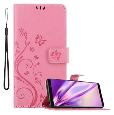 A pink phone case with a floral and butterfly design, shown open with a phone inside.