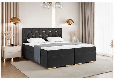 Produktbild von MEBLINI Boxspringbett mit Bettkasten - 200x200 - H4/Schwarz Samt - Versal - Gepolstert Doppelbett mit Matratze und Topper - Polsterbett mit Stauraum - Bett mit Kopfteil - Stauraumbett