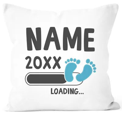 Produktbild von Kissen-Bezug Mama Papa Tante Onkel Oma Opa loading Schwangerschaft anpassbare Jahreszahl Name Text-Zeile Moonworks® weiss-blau 40cm x 40cm