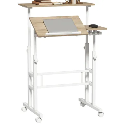 Produktbild von Steh-Sitz-Schreibtisch, höhenverstellbar, 70 x 60 cm, mit Rollen, neigbarer Tischplatte und braunem Metallgestell