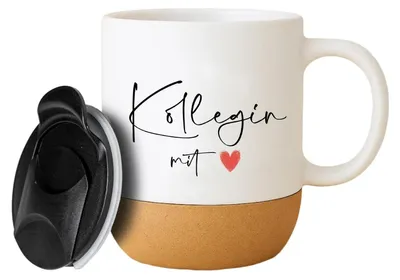Produktbild von Keramiktasse mit Deckel 400 ml für Kollegin Abschiedsgeschenk Becher mit Korkboden