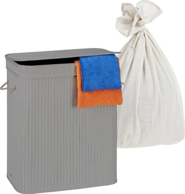 Obrázok produktu pre Košík na bielizeň Relaxdays s vekom, 2 priehradky, bambus, 100 l, skladací, VxŠxH: 60 x 52 x 32 cm, systém na triedenie bielizne, sivý