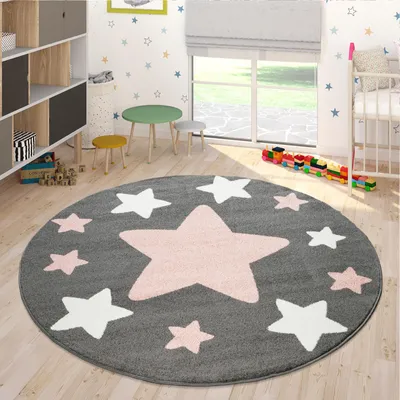 Image de Tapis de chambre d'enfant Tapis d'enfant Grandes et Petites Étoiles en Gris Rose Taille Ø 200 cm Rond