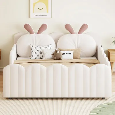 Produktbild von Flieks Kinderbett Polsterbett 140x200cm mit Kissen, Doppelbett Bodenbett mit Lattenrost und Rausfallschutz, Kinderbett mit Samtbezug, Beige
