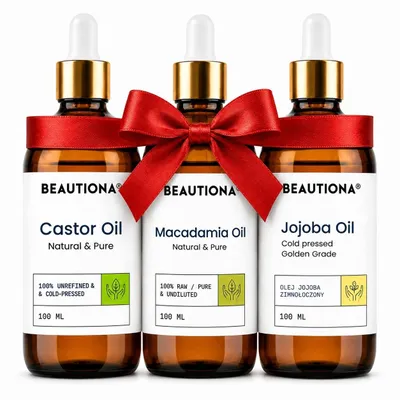 Obrázek produktu pro Beautiona sada kosmetických olejů jojoba, makadamia a ricinový 3×100 ml