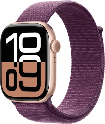 A close-up product shot of an Apple Watch with a plum sport loop band.