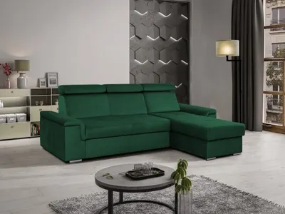 Produktbild von Ecksofa L-Form Monaco Schlaffunktion Bettkasten Lieferung bis in die Wohnung  245 cm universelle Ottomane Sofa mit Relaxfunktion und Kopfstützen    ( Kronos 19 - grün )