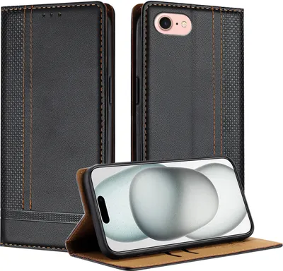 Produktbild von Handyhülle für iPhone 8/7/6s/6 Leder Flip Klappbare Schutzhülle mit Standfunktion Schwarz