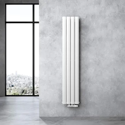 A white vertical radiator is mounted on a gray concrete wall next to a large window.