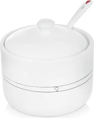 Zdjęcie produktu dla Orion cukiernica dozownik cukru pojemnik na cukier cukiernica ceramiczna biała z łyżeczką i pokrywką serca