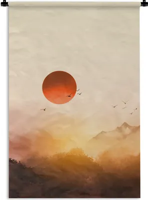 Produktbild von MuchoWow® Wandteppich Wandbehang Malerei - Sonne - Landschaft - Vögel 60x90 cm Tapisserie Dekoration Wandtuch - Foto-Teppich - Abwaschbar
