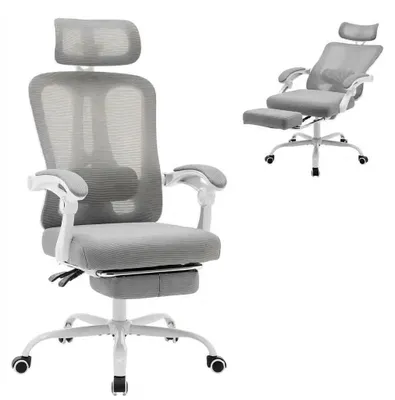 Produktbild von Ergonomischer Stuhl - Gaming- und Bürostuhl - Hohe Rückenlehne - Verstellbare Kopfstütze - Neigbare Rückenlehne - Fußstütze - Drehbar mit Rollen - Grau