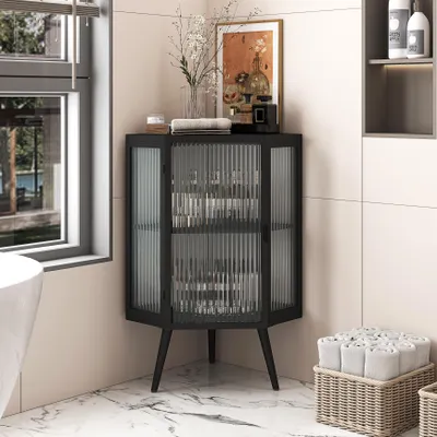 Productafbeelding van Vloerkast 80 cm, 2 niveaus, deuren van gehard glas, legplanken, geschikt voor badkamer/woonkamer/slaapkamer