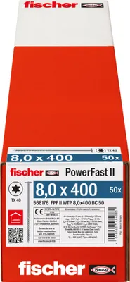 Produktbild von fischer Holzbauschraube PowerFast FPF II WTP 8,0 x 400 BC 50 Tellerkopf mit Innenstern TX Teilgewinde galvanisch verzinkt blau passiviert, 50 Stück