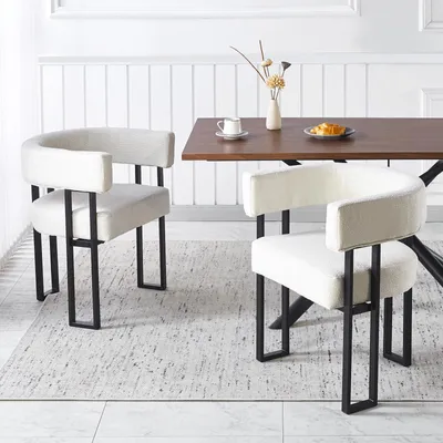 Produktbild von DITAIX 2er Set Esszimmerstühle mit Armlehnen - Gepolsterte Bouclé Stühle, Schwarze Metallbeine, Weiß