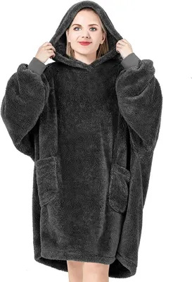 Produktbild von WOLTU Hoodie Decke mit Ärmeln und Kapuze Kuscheldecke flauschig warm Pullover Decke zum Anziehen Erwachsene, Deckenpullover für den Winter Anthrazit, 95x85 cm