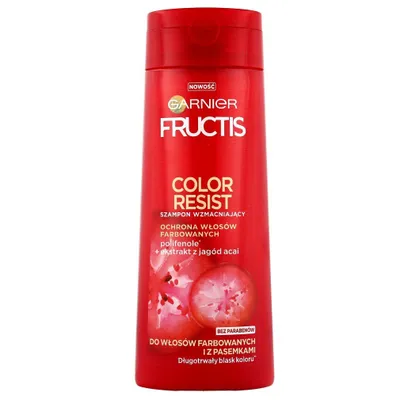 A red bottle of Garnier Fructis shampoo.