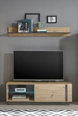 Produktbild von TV Lowboard Kombination inkl. Beleuchtung und Wandboard CARDIFF-61 in Eiche Artisan Nb. mit Absetzungen in Graphit grau, B/H/T: ca. 138/165/40 cm