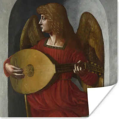 Produktbild von MuchoWow® Poster Ein Engel in Rot mit einer Laute - Leonardo da Vinci 100x100 cm - Babyzimmer