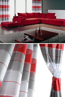 A living room scene with a red sectional sofa and a coffee table, and a close-up of striped curtains.