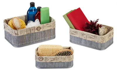 Imagen del producto de TRANKIELO® - Juego de 3 cestas de almacenamiento de bambú y tela - Gris/beige - Ideales para maquillaje, juguetes y más