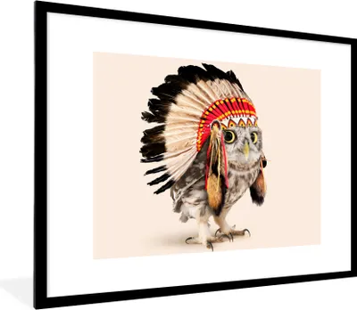Produktbild von MuchoWow® Gerahmtes Poster Tier - Eule - Indianer - Vogel 80x60 cm - Poster mit Schwarzem Bilderrahmen Wandposter Rahmen Foto Bilder - Schlafzimmer-Dekorationen - Fotoposter