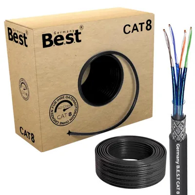 Produktbild von B.E.S.T. 100 m CAT 8.1 Outdoor Netzwerkkabel S/FTP 40 Gbit/s 2000 MHz AWG 23/1 Kupfer PE Schwarz
