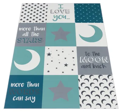 Produktbild von Kinderteppich Kinderzimmer Jungen Herzen Sterne Mond Spruch Blau Grau Grösse 80x150 cm