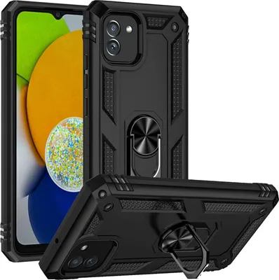 Produktbild von Conie Outdoor Schutzhülle für Samsung Galaxy A03 Tasche Silikon Hard Case Cover Hülle mit Halter Ständer in Schwarz