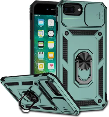 Image de Étui pour iPhone 8 Plus/7 Plus/6 Plus/6s Plus étui double couche avec cache-appareil photo coulissant et support annulaire vert