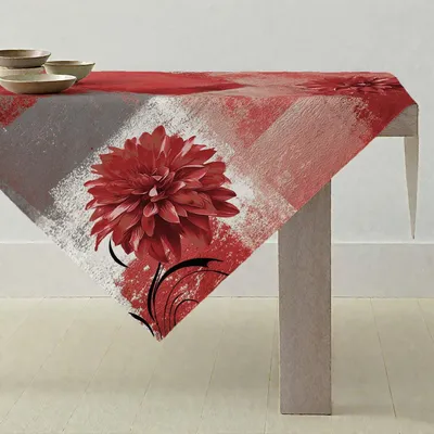 Produktbild von Tischdecke Rot Grau Retro Blume Bauernhaus Rustikales Ölgemälde 100x100cm Abwaschbar Quadratisch