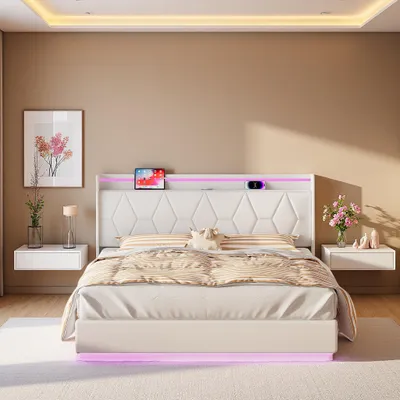 Produktbild von Weißes Doppelbett 160x200 cm mit Samtbezug, gepolstertem Kopfteil mit LEDs, Ladeanschlüssen und Lichtleisten an 3 Seiten