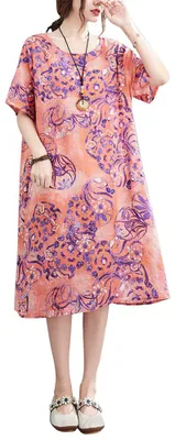 Produktbild von Frauen Loses Kleid Blumendruck Boho Kleid mit Taschen Kurzarm Rundhals Sommer Lässiges Urlaubskleid Rosa M