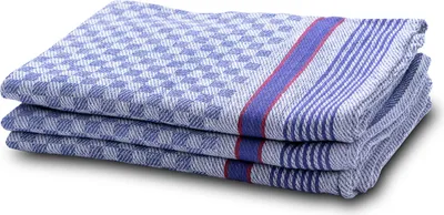 A stack of three folded blue and white checkered towels with red and blue stripes.