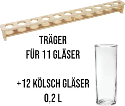 Produktbild von KESPER Bierglasträger + 12 Kölsch Gläser 0,2l Biermeter Bierlatte Kölschstangen Set