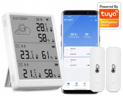 Zdjęcie produktu dla Stacja Pogodowa + 2 zewn. Sensory Temperatury i Wilgotności LCD WiFi Tuya