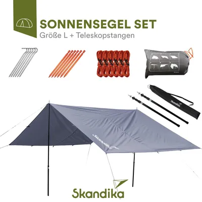 Produktbild von Skandika Sonnensegel L 3x3 Meter Set mit Teleskopstangen | Multifunktionaler Sonnenschutz, rechteckig, wasserdicht 3000 mm, einstellbare Stangen