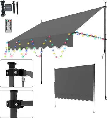 Immagine prodotto di Jopassy Tenda da sole a morsetto con LED Tenda da sole per balcone regolabile in altezza Tenda da sole senza foratura per terrazza balcone 300cm Grigio