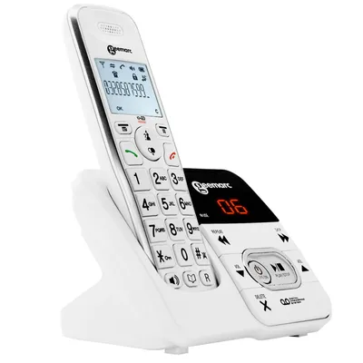 A white cordless phone with a base station, shown from a diagonal angle against a white background.