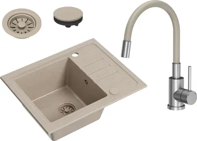 Produktbild von VBChome Spülbecken Granit Beige mit Armatur 55 x 44 cm Einzelbecken Einbauspüle Gesprenkelt Reversibel Granitspüle Beige Siphon Waschbecken Armatur